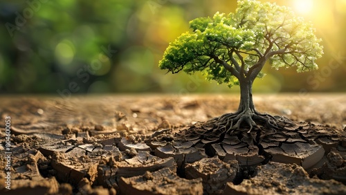 Symbolism of a tree thriving in arid soil in the context of climate change and water scarcity. Concept Climate change, Water scarcity, Tree symbolism, Arid soil, Environment