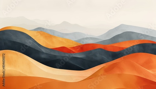 Abstract October mist landscape with sand, orange, and black hues, emphasizing negative space and minimalism for a calming vibe, ideal desktop wallpaper.