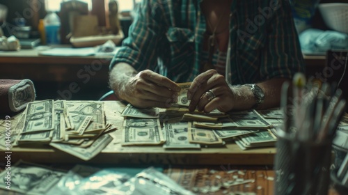 A man sitting at a table surrounded by stacks of money. Suitable for financial, business, and success concepts