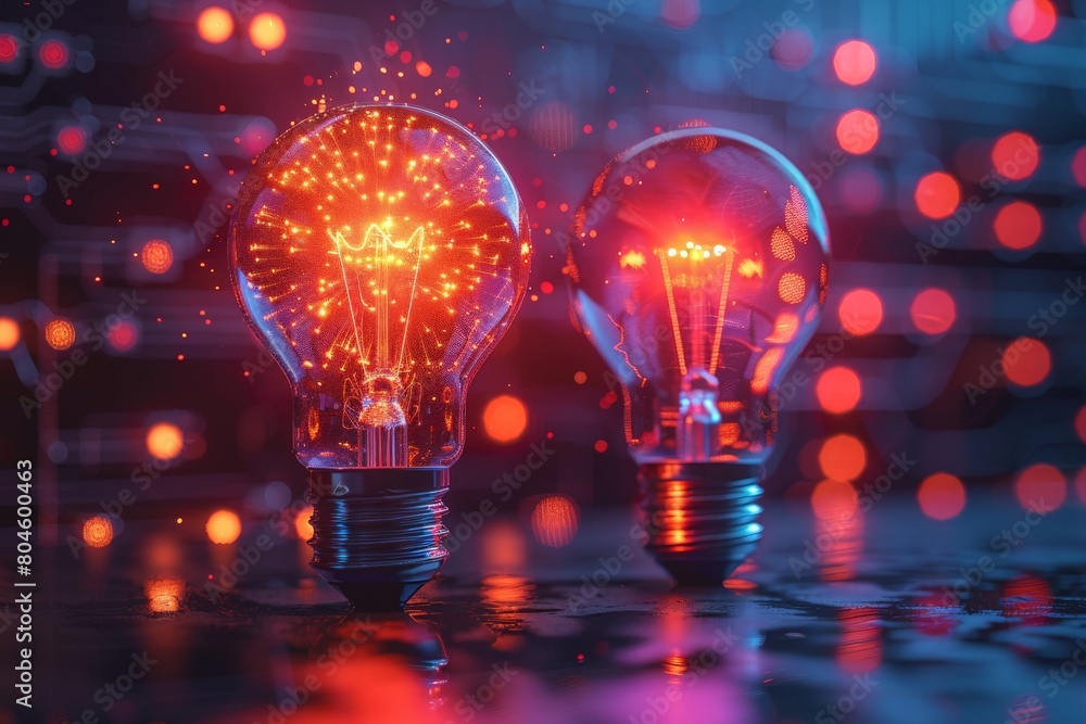 Two incandescent lightbulbs glowing intensely against a backdrop of digital red matrix code depicting innovation Two incandescent lightbulbs glowing intensely against a backdrop of digital red matrix code depicting innovation