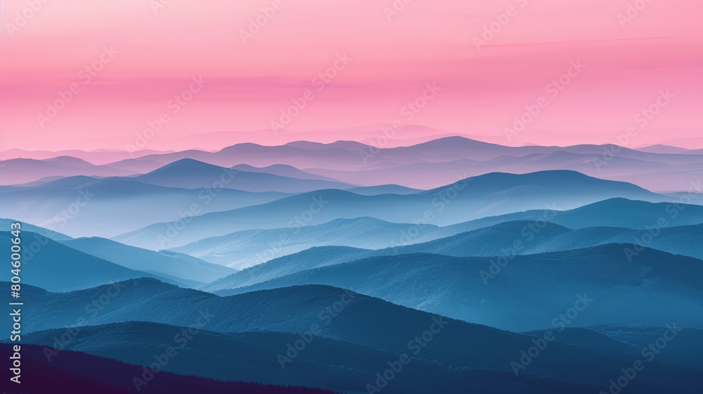 Obraz premium From atop the hill, gaze upon a panorama of pink and blue mountain ranges against the backdrop of a vibrant sky