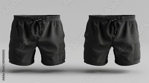 3D rendering of a blank black men's shorts mockup, displaying both front and side views. It's an empty template for basic male boxers or cargo pants, ideal for summer wear. photo