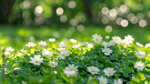  A field of green grass dotted with white daisies, sun illuminating through the trees' leaves behind them