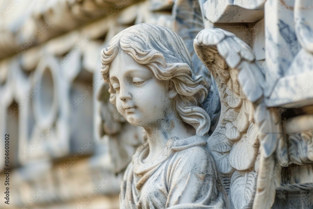 Detailed view of an angel statue, ideal for religious or spiritual concepts Detailed view of an angel statue, ideal for religious or spiritual concepts