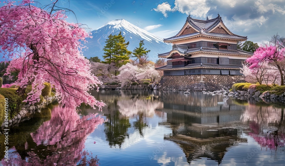 Traditional Japanese castle with cherry blossoms. The concept of Japanese culture and nature. Traditional Japanese castle with cherry blossoms. The concept of Japanese culture and nature.