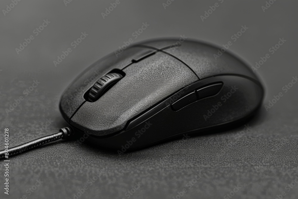Close-up of a sleek, ergonomic black computer mouse on a subtle textured dark background, highlighting functionality and design Close-up of a sleek, ergonomic black computer mouse on a subtle textured dark background, highlighting functionality and design