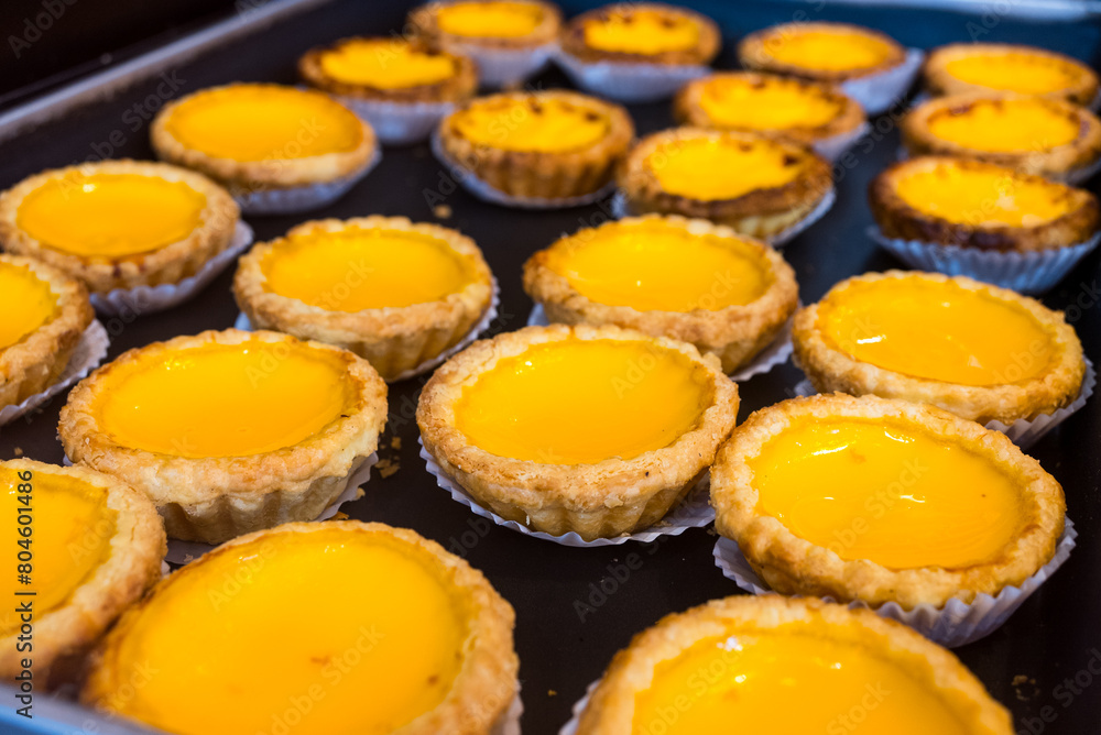 Fresh baked egg tart in the bakery shop Fresh baked egg tart in the bakery shop