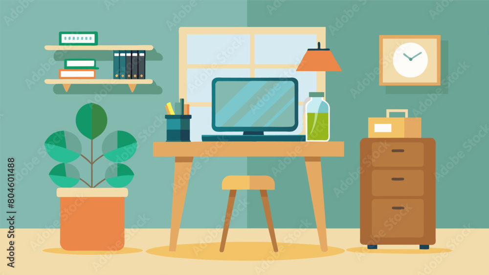 An ecofriendly home office equipped with a secondhand wooden standing desk and a repurposed glass jar pencil holder.. Vector illustration An ecofriendly home office equipped with a secondhand wooden standing desk and a repurposed glass jar pencil holder.. Vector illustration