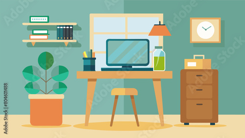 An ecofriendly home office equipped with a secondhand wooden standing desk and a repurposed glass jar pencil holder.. Vector illustration