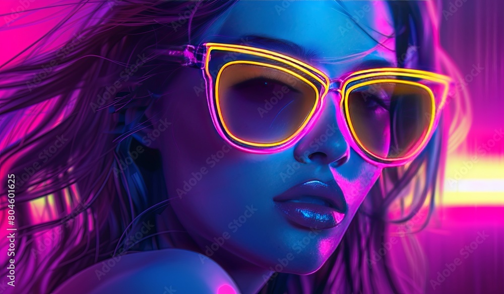 Woman wearing neon colored sunglasses in neon room