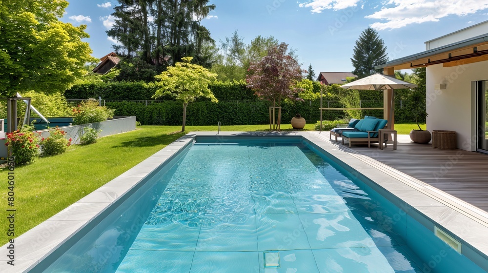 A home's swimming pool set amidst the garden and terrace. A home's swimming pool set amidst the garden and terrace.