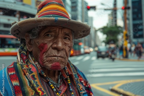Elderly man wearing a vibrant hat on a city street. Suitable for fashion or urban lifestyle concepts