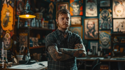 The picture of the tattoo artist is working inside the workshop that has been filled with various tattoo  the tattoo artist require skill like safety  creativity and tattoo painting technique. AIG43.