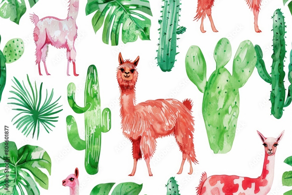 Naklejka premium A llama surrounded by desert plants on a white background. Perfect for nature and wildlife concepts