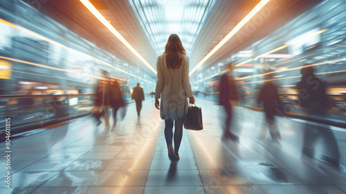 A business woman is in a hurry to go to work, walking in a crowd of people. Blurred movement of people background. Motion blur.