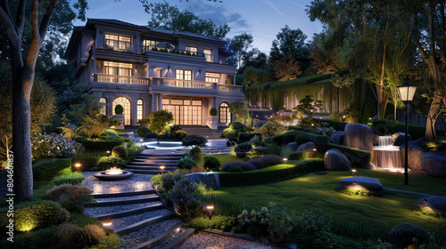 A luxurious home exuding refinement with its tasteful lighting  framed by a beautifully landscaped garden featuring winding paths and serene ponds.