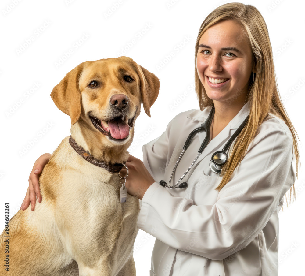 Female veterinarian examining a dog cut out on transparent background