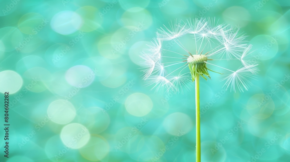   A dandelion, tightly framed, against a blue backdrop with softly radiating bokeh  from the light