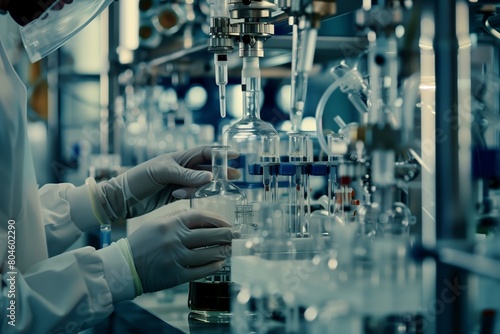 Scientist operating machinery with flask in lab photo