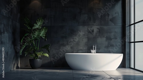 A modern bathroom interior is characterized by black tile walls  a concrete floor  and a white bathtub  offering ample copy space in this 3D rendering.