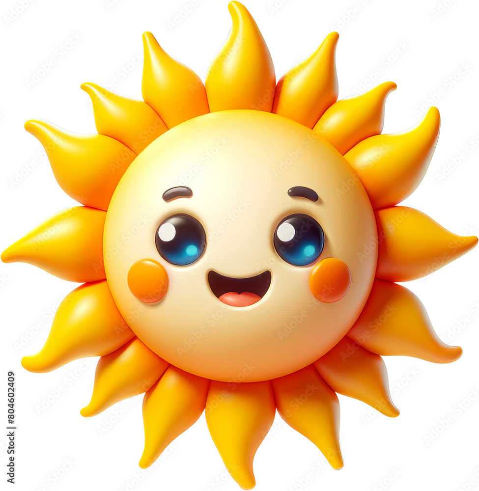 A bright and cheerful cartoon sun character with a big smile, glowing eyes, and vibrant orange rays, perfect for educational content.