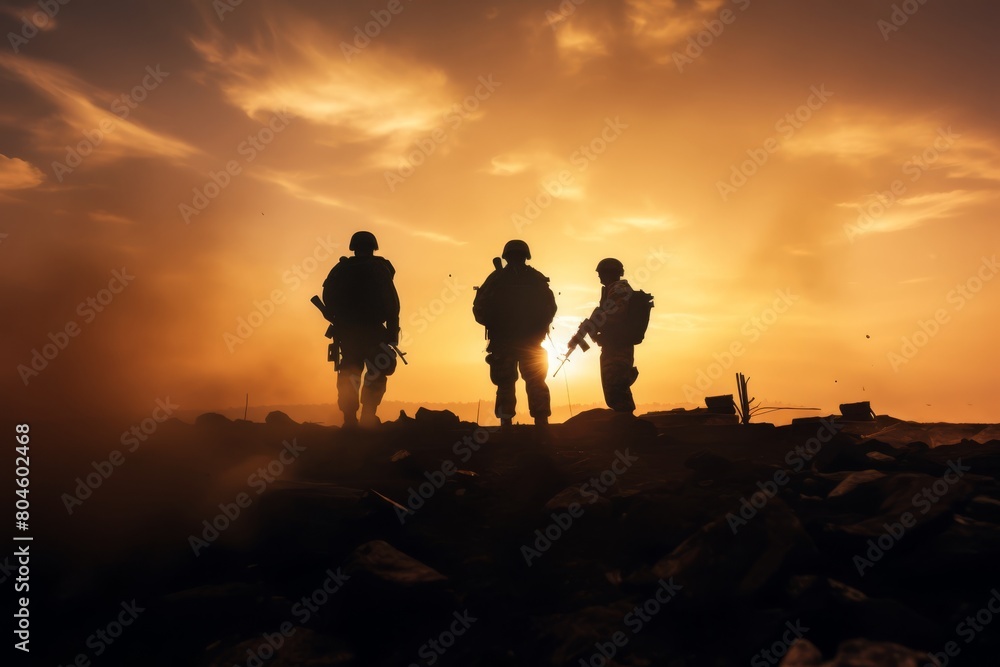 Naklejka premium Silhouette of military soldiers with weapons dark background. Law and military concept. High quality photo