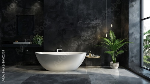 A modern bathroom interior is characterized by black tile walls  a concrete floor  and a white bathtub  offering ample copy space in this 3D rendering.