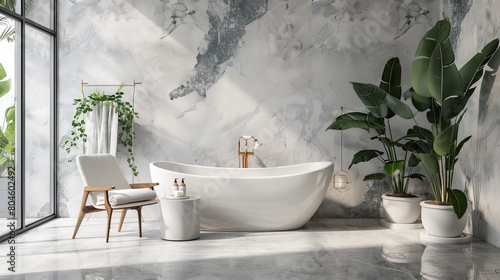 A modern luxury bathroom with white marble walls  bathtub  concrete floor  indoor plants  and front view is captured in this 3D rendering.