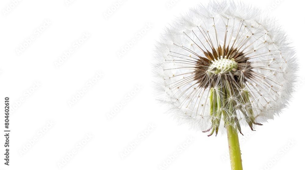   A dandelion flower in tight focus against a pristine white backdrop, featuring a solitary water droplet nestled within its heart