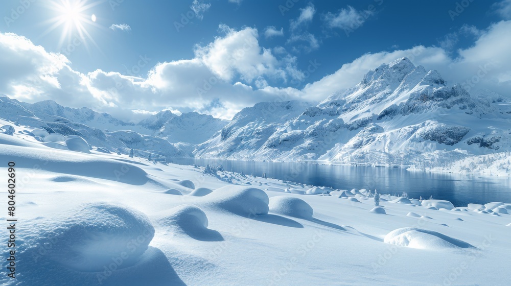 A large snow covered mountain with a lake in the background, AI