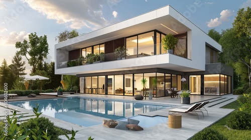 A modern home with an exterior showcasing a swimming pool. © Khalida
