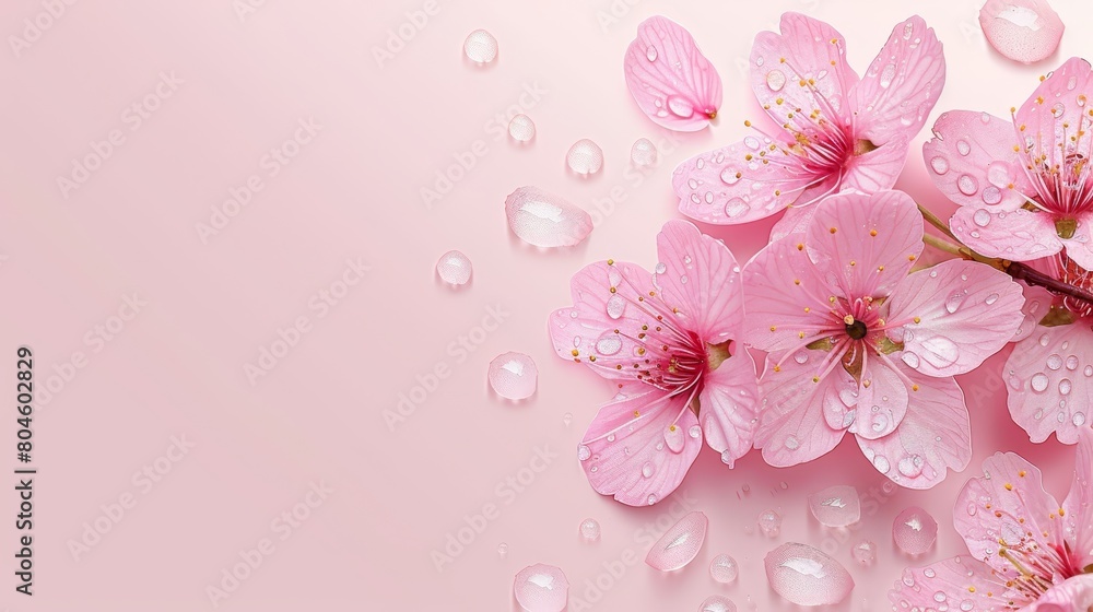A pink backdrop adorned with numerous pink flowers, each with water droplets on their petals A pink backdrop adorned with numerous pink flowers, each with water droplets on their petals