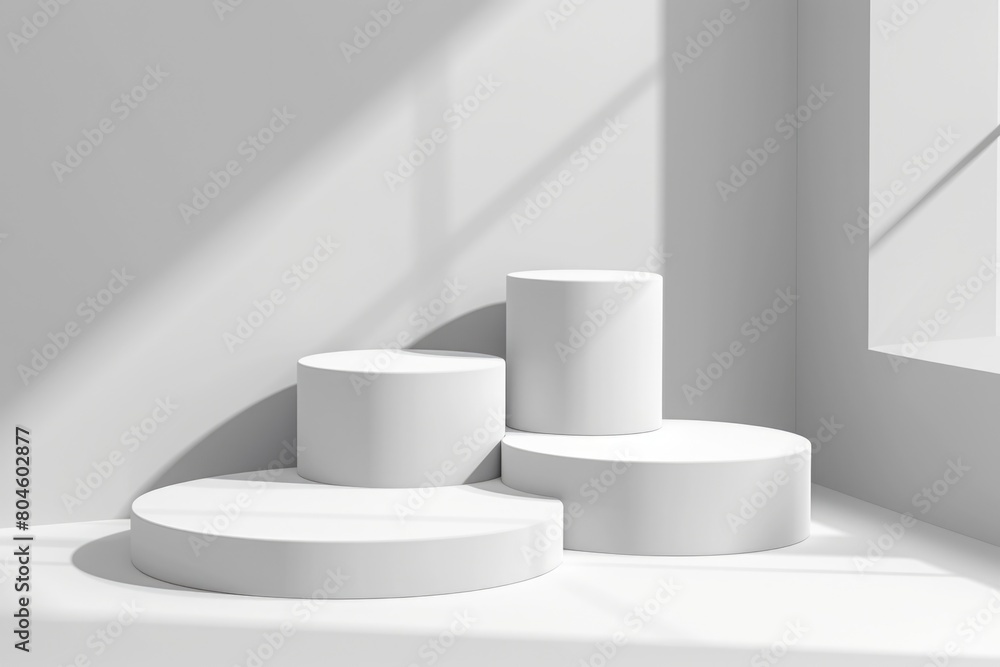 White pedestals in a room, suitable for showcasing products White pedestals in a room, suitable for showcasing products