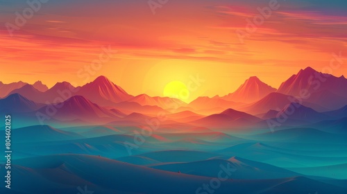 A sunset over a mountain range with some clouds in the sky, AI