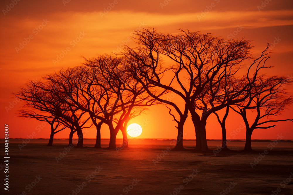 A cluster of trees standing tall against the fiery sky of the sunset, their branches reaching upwards in silhouette