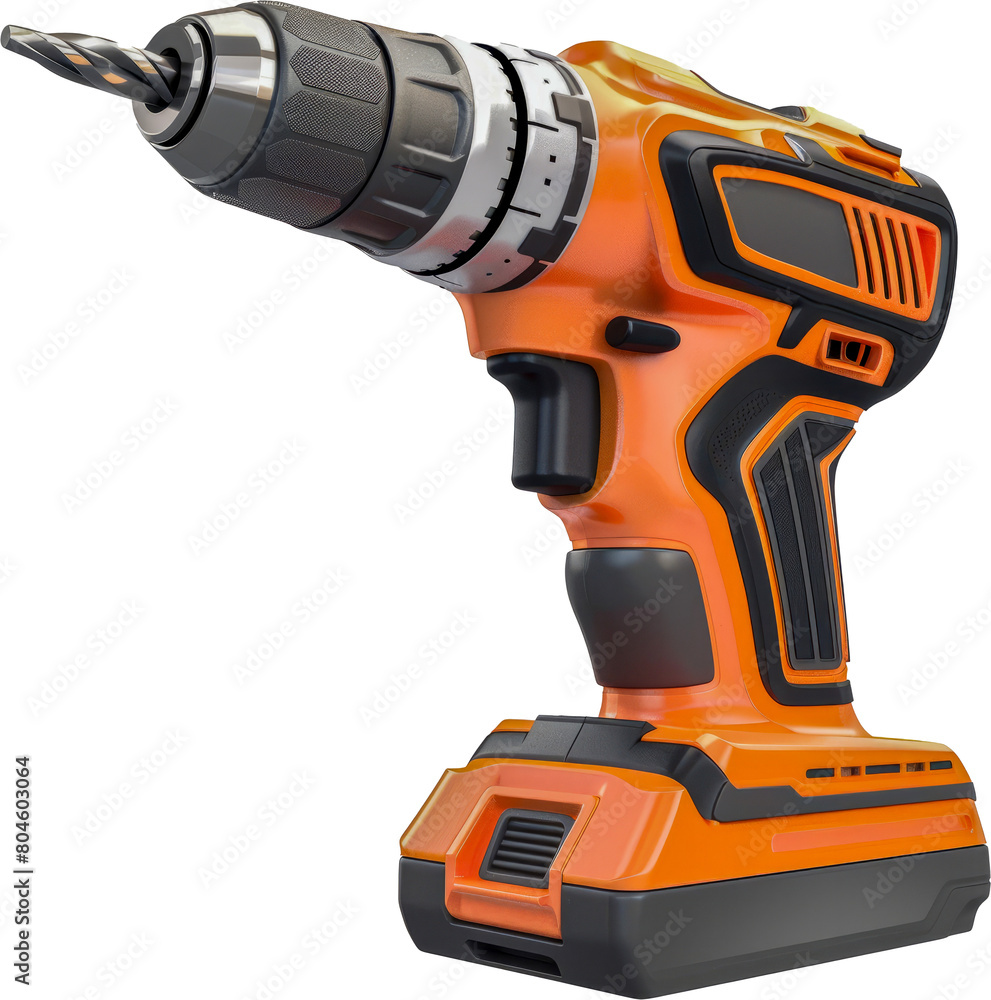Cordless yellow electric drill with battery cut out on transparent background