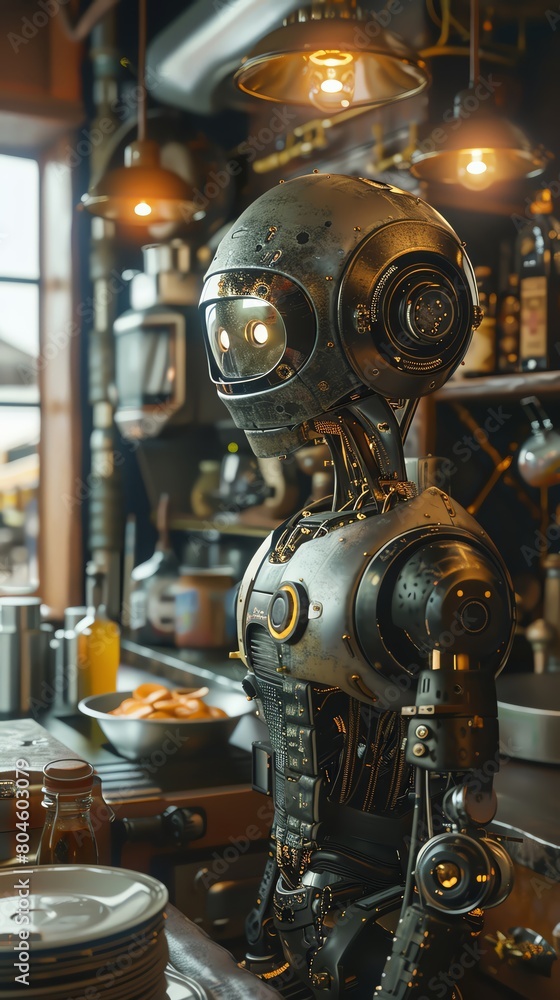 Bring the Robot Chef to life in a detailed, photorealistic CG 3D render Show intricate metallic textures, gleaming lights in a dark, gritty kitchen Bring the Robot Chef to life in a detailed, photorealistic CG 3D render Show intricate metallic textures, gleaming lights in a dark, gritty kitchen