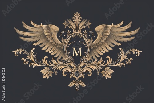 A golden letter M with wings on a black background. Perfect for branding and logo design photo