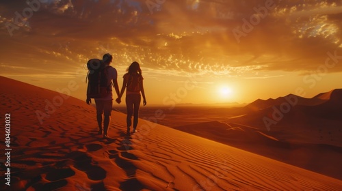 A couple standing on top of a sand dune  suitable for travel and adventure concepts