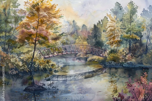 A beautiful painting of a bridge over a serene river. Perfect for home decor or travel websites
