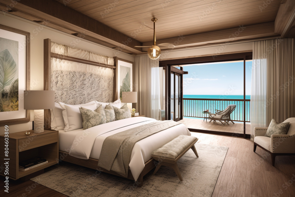 A luxurious master suite with a king-sized bed, silk bedding, and a private balcony overlooking the ocean, providing a serene escape from the world.