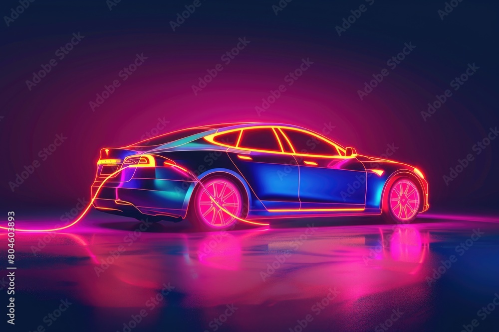 A blue car with neon lights plugged into it. Ideal for automotive or technology concepts