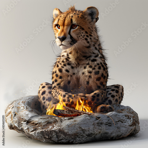 A 3D animated cartoon render of a guardian cheetah watching over backpackers near a fire.