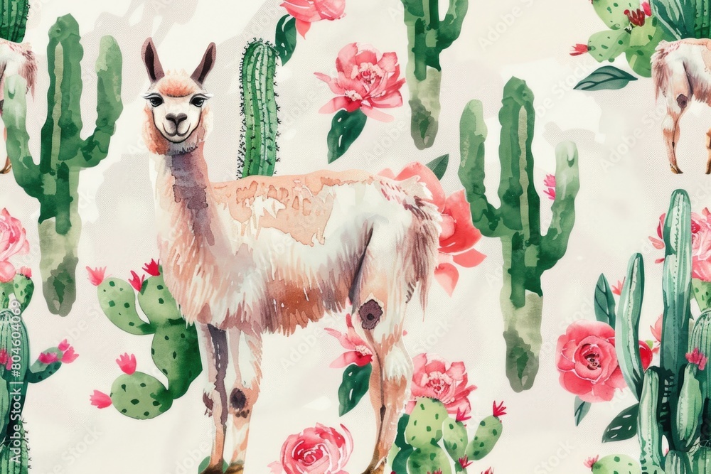 Fototapeta premium A llama standing in a field of cacti, suitable for nature and animal themed projects
