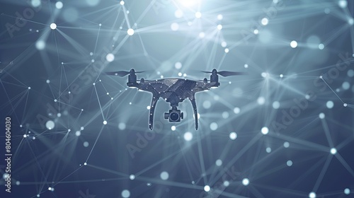 Abstract representation of a drone with an action video camera, depicted with connecting dots and lines against a gray background, portraying a polygonal low poly structure. photo
