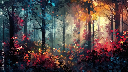 A beautiful low poly forest with a blue atmosphere and red leaves.