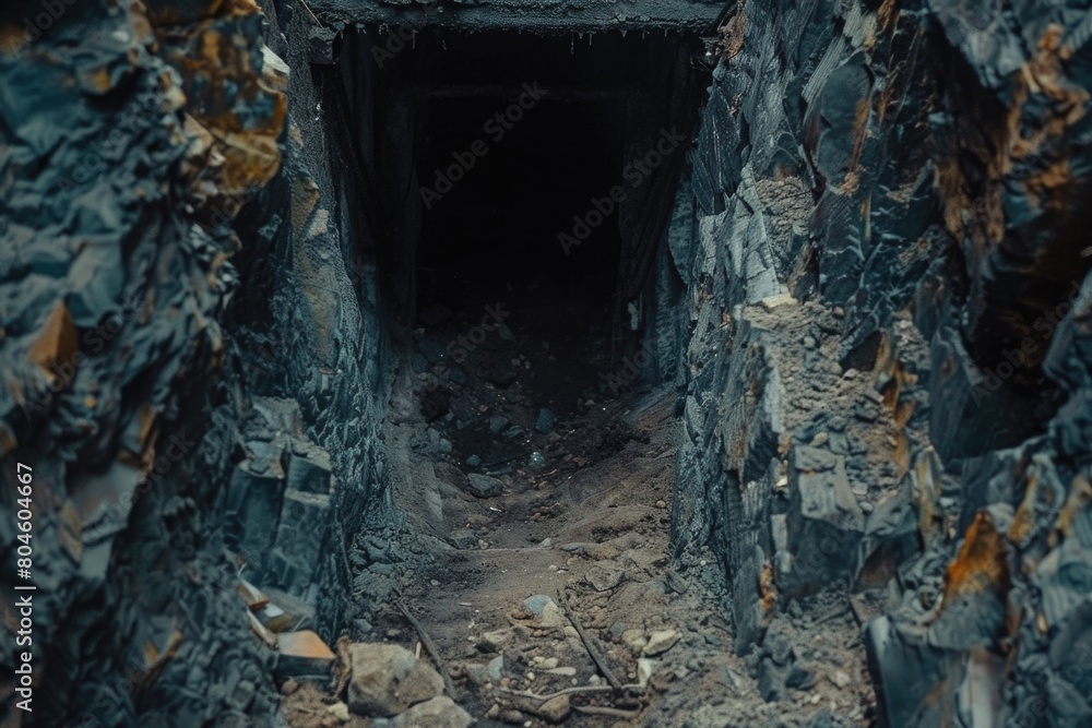 A dark tunnel with rocks and rocks surrounding it. Suitable for various outdoor and adventure concepts