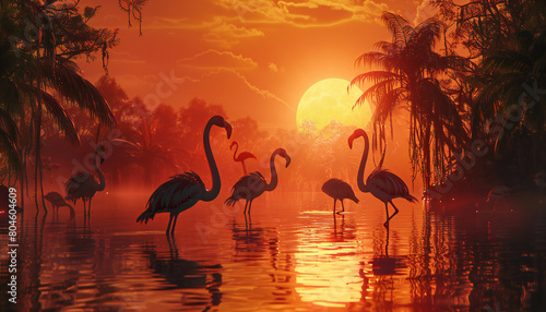 Tropical recreation of flamingos in a wetland in a magical sunset	 photo