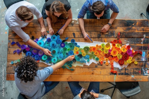 A group of people gathered around a wooden table. Suitable for business meetings or family dinners