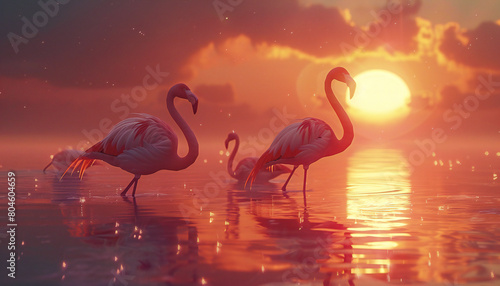 Recreation of pink flamingos in a wetland in a magical sunset photo